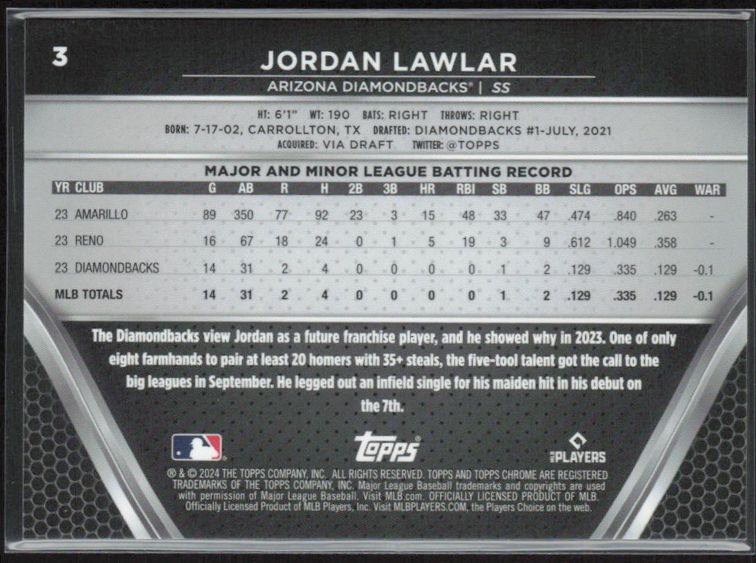 Jordan Lawlar 2024 Topps Chrome Black #3 Purple Mini-Diamond Refractors #/150