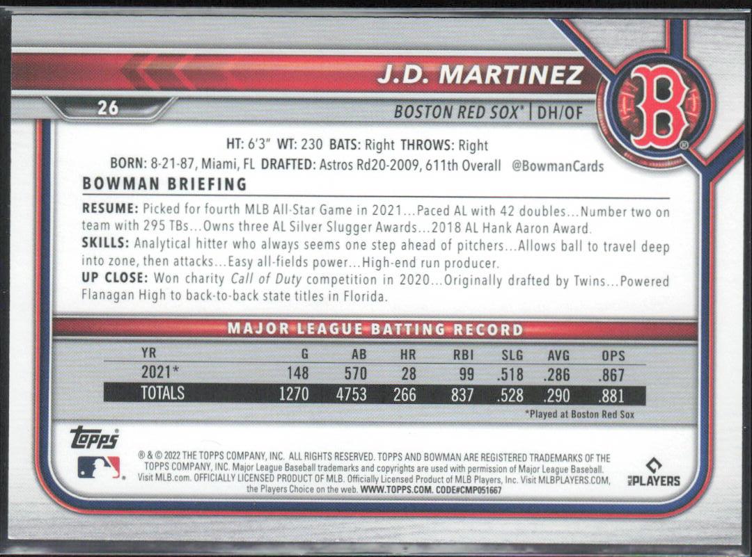 J.D. Martinez 2022 Bowman #26 Orange #/25