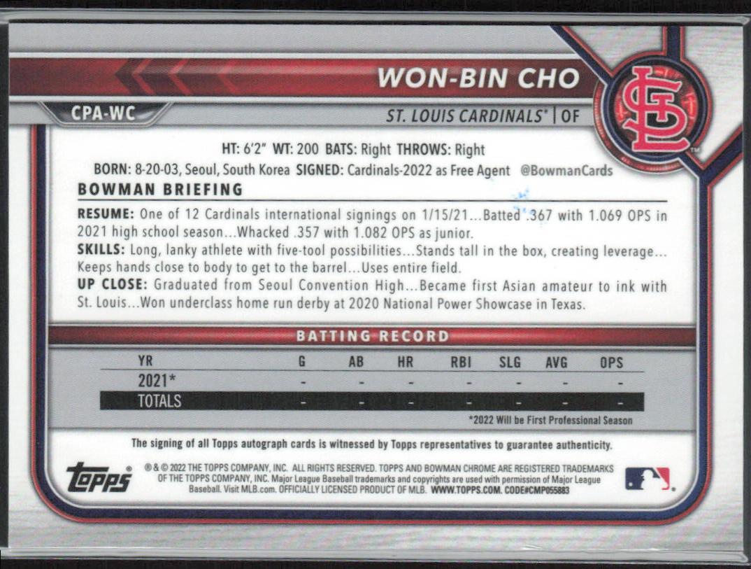 Won-Bin Cho 2022 Bowman Chrome #CPA-WC Prospect Autographs