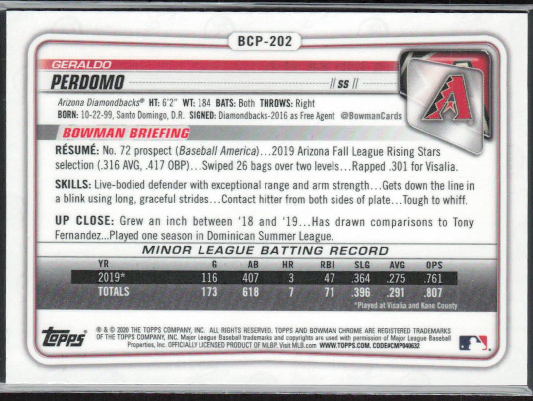 Geraldo Perdomo 2020 Bowman Chrome #BCP-202 Prospects Gold #/50