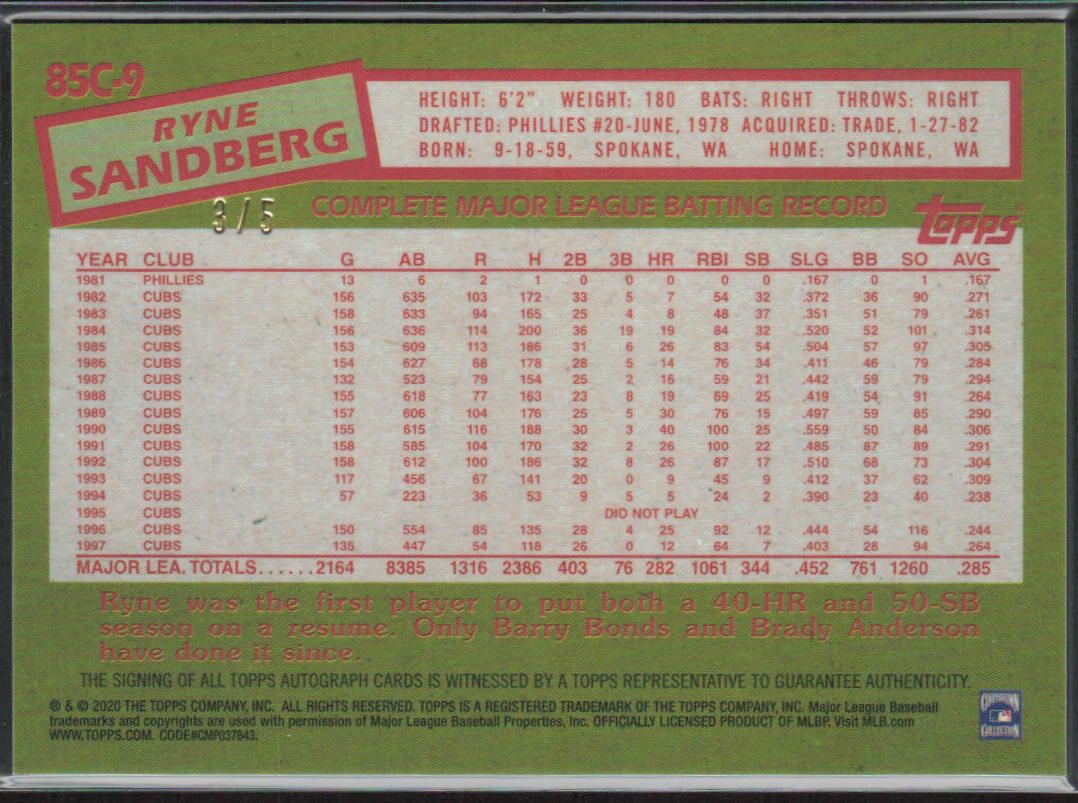 Ryne Sandberg 2020 Topps Chrome #85C-9 Autographs Red Mojo Refractor /5