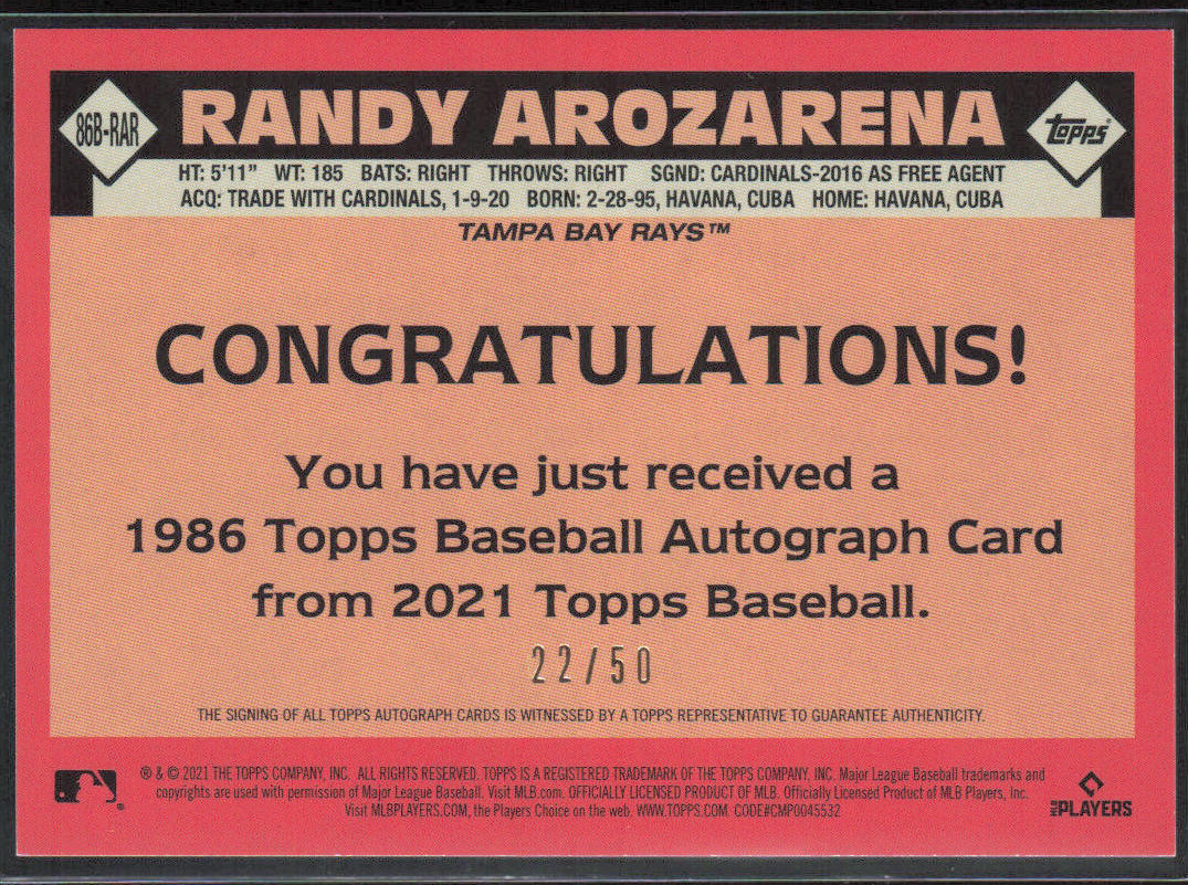 Randy Arozarena 2021 Topps #86B-RAR 35th Anniversary Autographs Gold /50