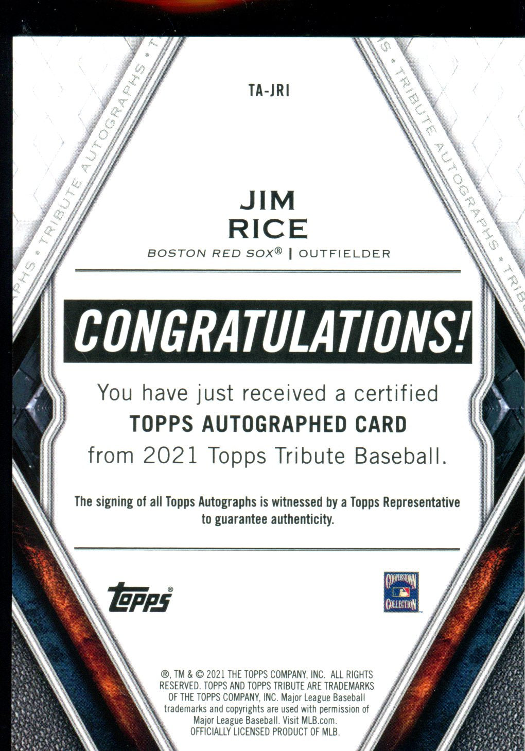 Jim Rice 2021 Topps Tribute #TA-JRI Tribute Autographs Purple #/50