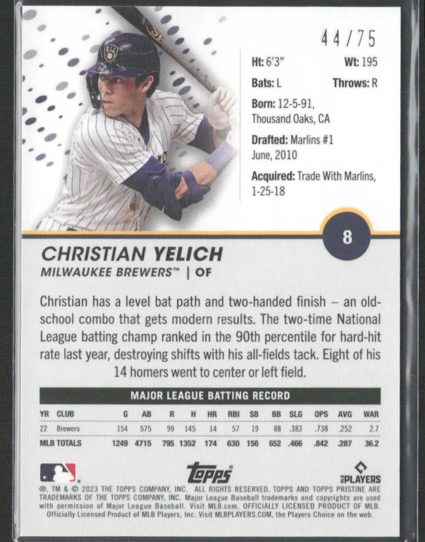 Christian Yelich 2023 Topps Pristine #8 Pristine Blue #/75