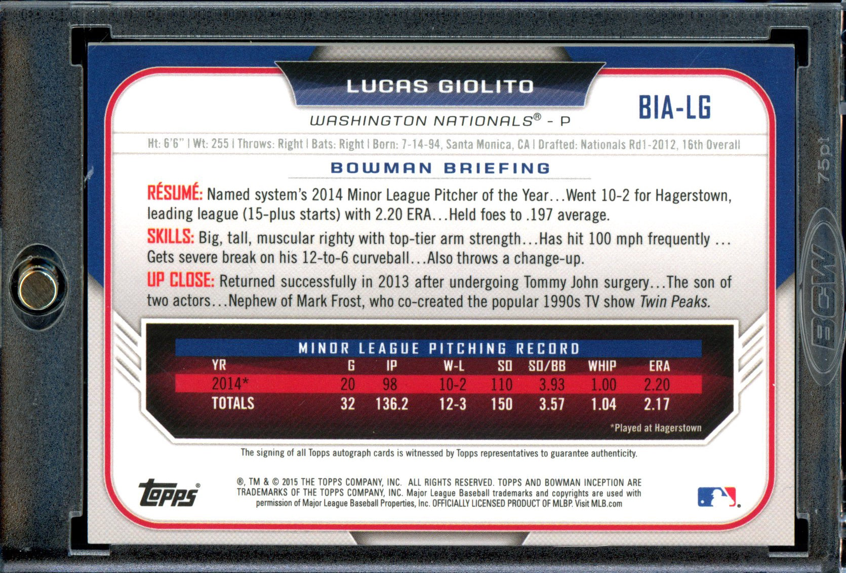 Lucas Giolito 2015 Bowman Inception #BIA-LG Autographs