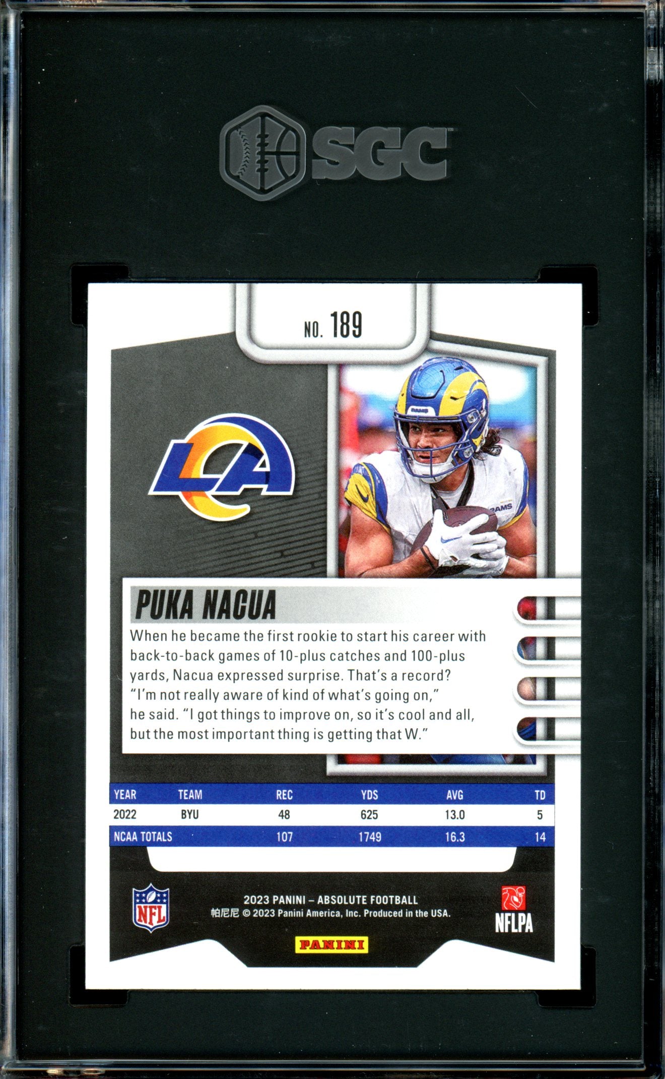 Puka Nacua 2023 Panini Absolute #189 Green SGC 10