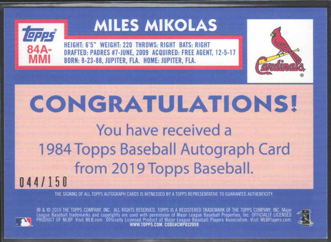 Miles Mikolas 2019 Topps #84A-MMI Autographs 150th Anniversary /150