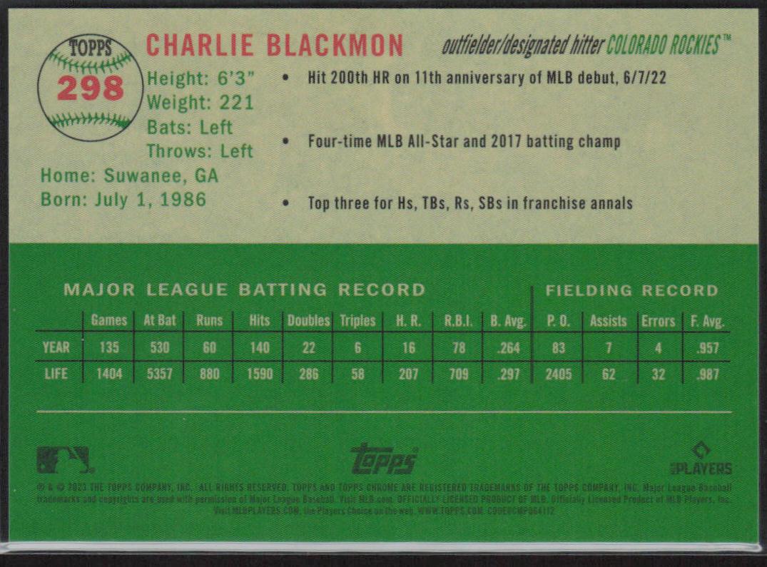 Charlie Blackmon 2023 Topps Chrome Platinum #298 Gold Refractor /50