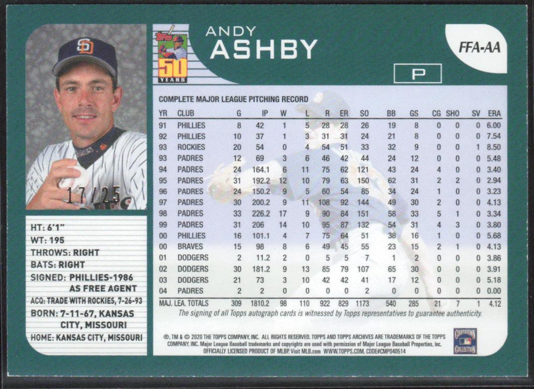 Andy Ashby 2020 Topps Archives #FFA-AA Fan Favorites Autographs  blue /25