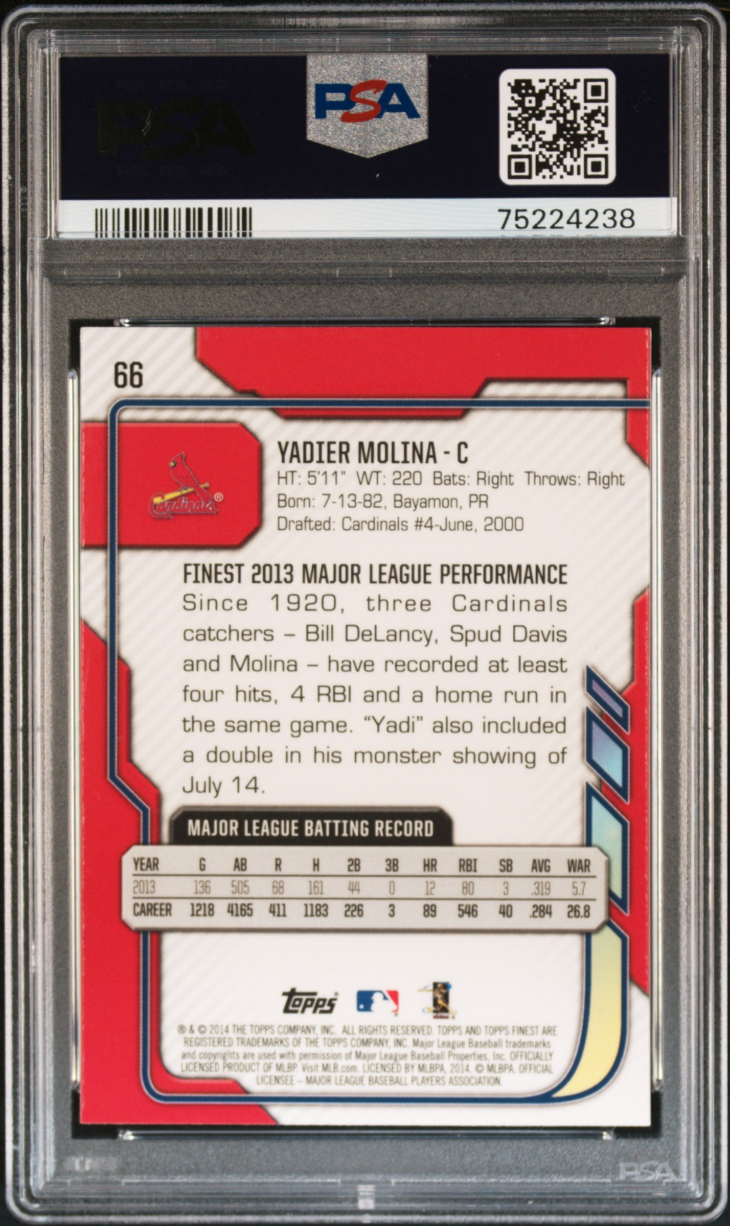 Yadier Molina 2014 Finest #66 PSA 10