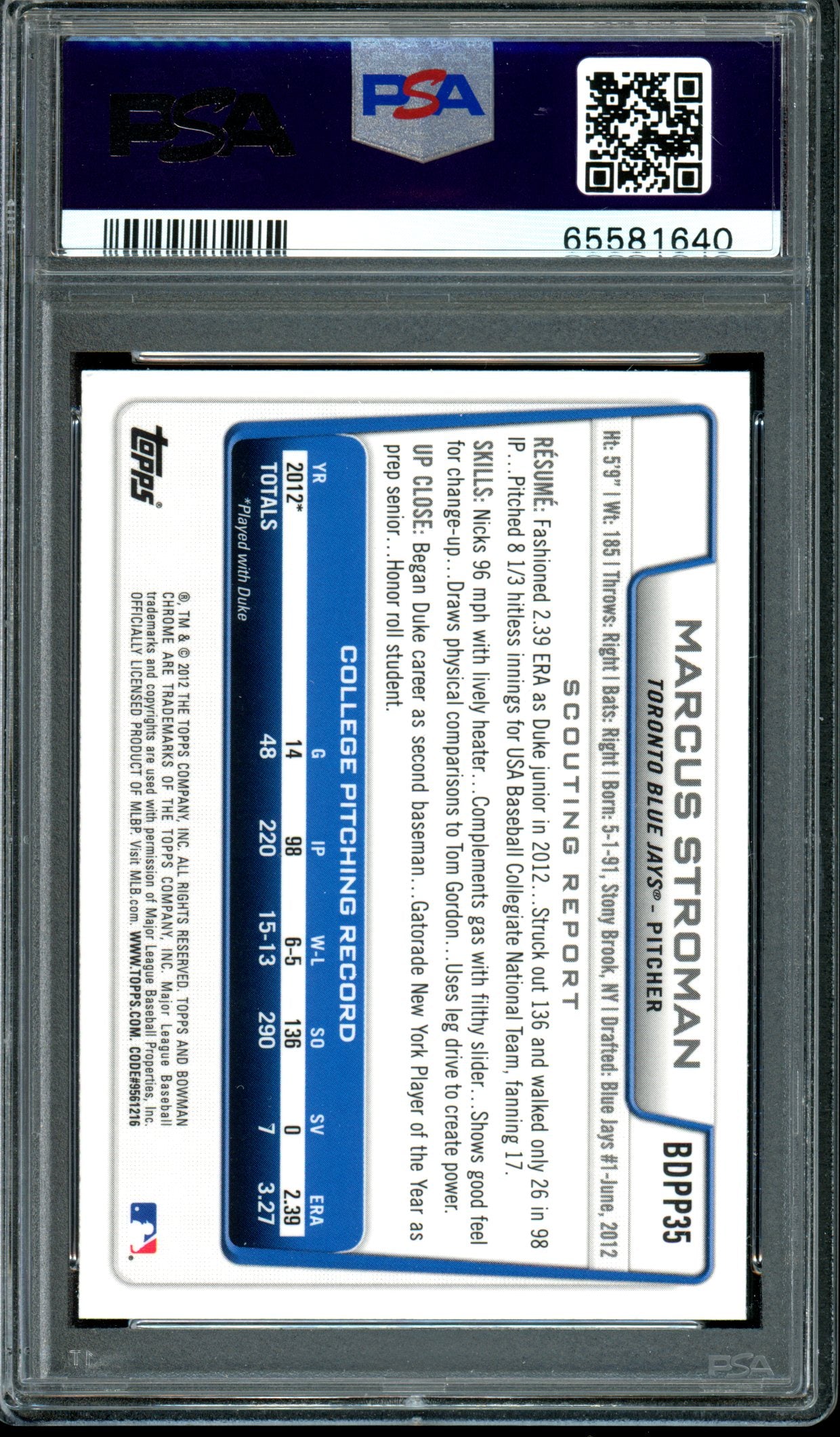 Marcus Stroman 2012 Bowman Chrome Draft Picks #35 PSA 10