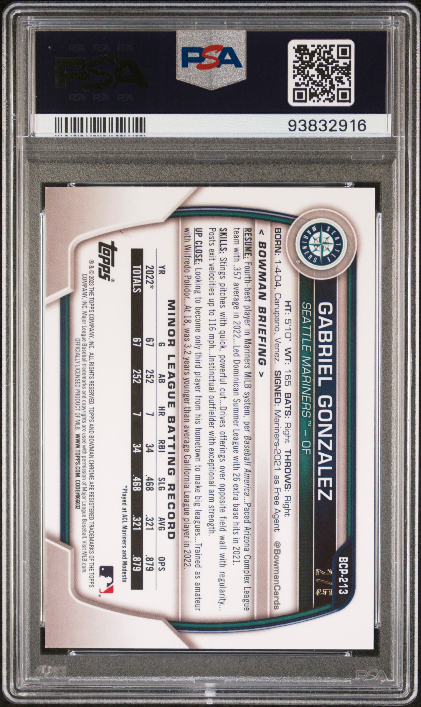 Gabriel Gonzalez 2023 Bowman Mega Box Chrome #213 Red PSA 9