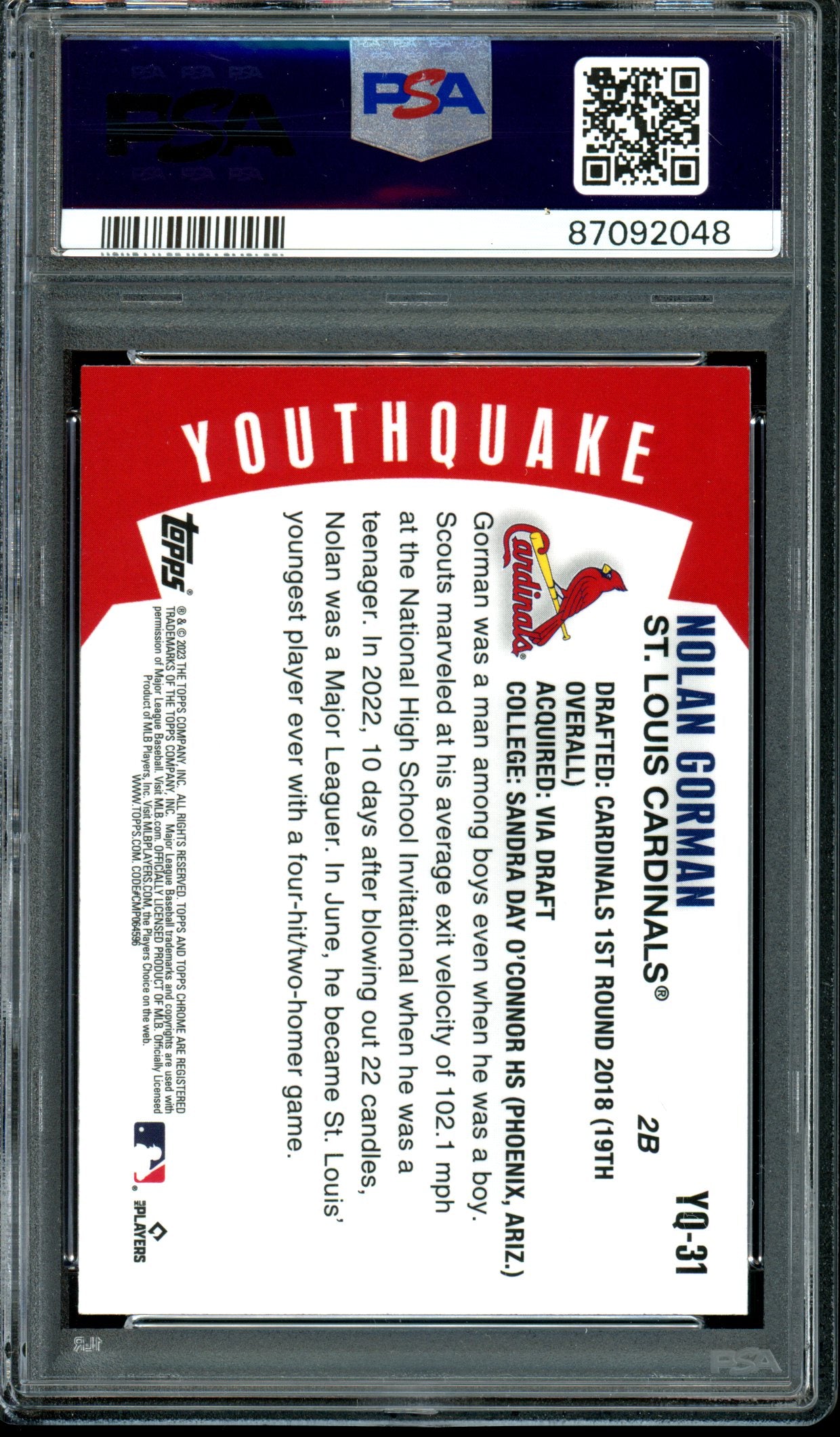 Nolan Gorman 2023 Topps Chrome Youthquake #YQ31 PSA 10