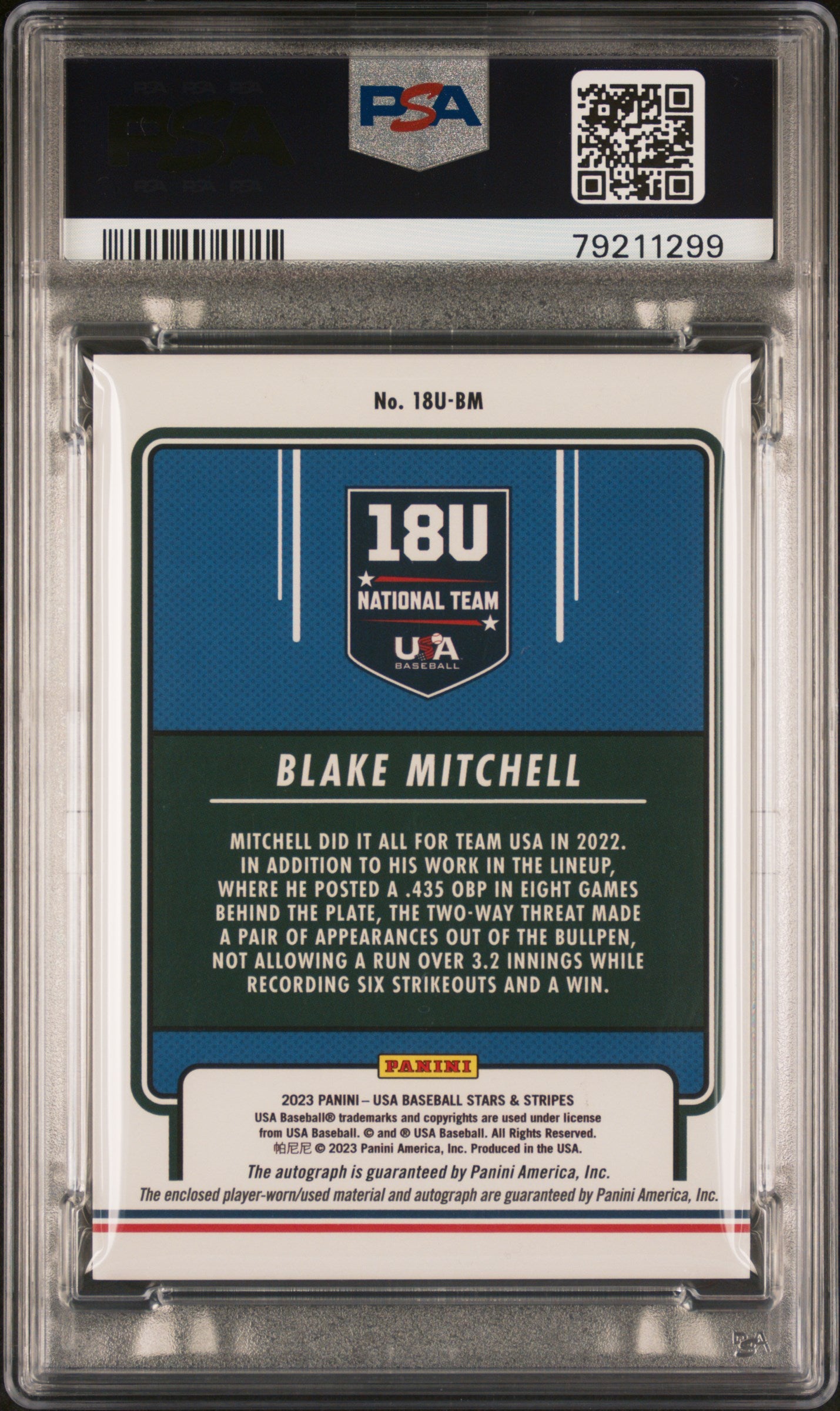 Blake Mitchell 2023 Panini Stars & Stripes USA Signature Material #18UBM PSA 9