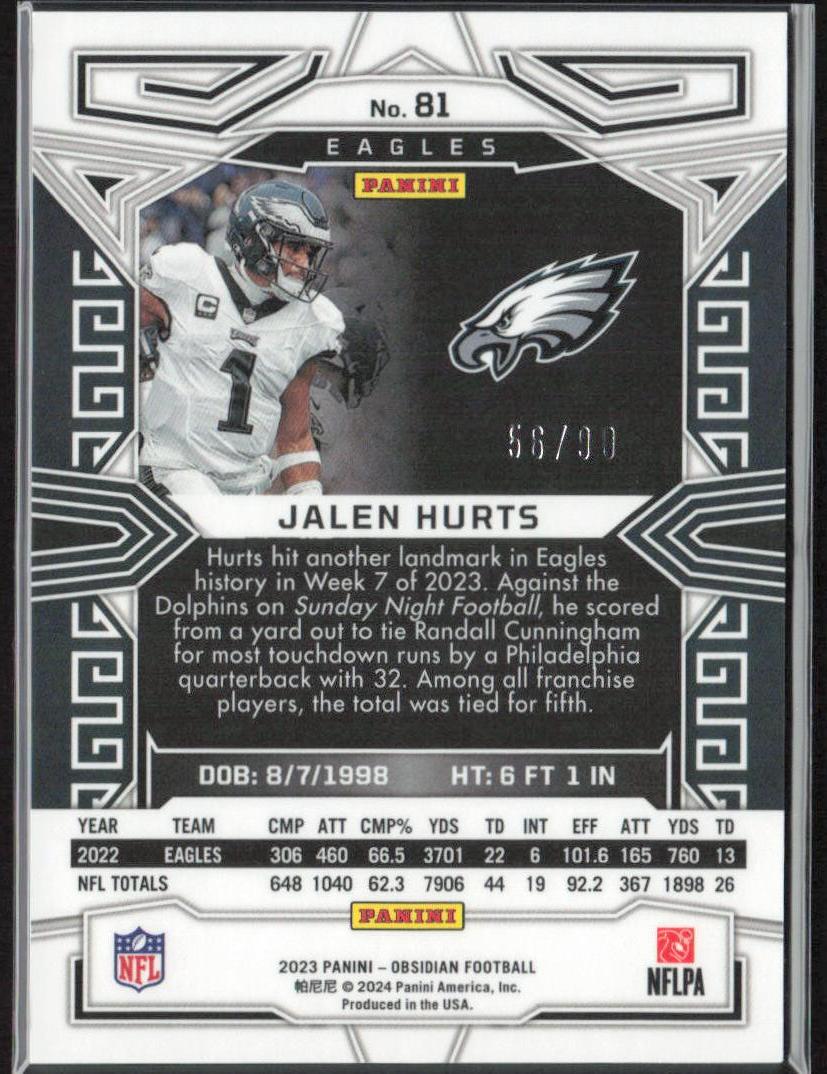 Jalen Hurts 2023 Panini Obsidian #81 Asia Electric Etch Red Flood #/90