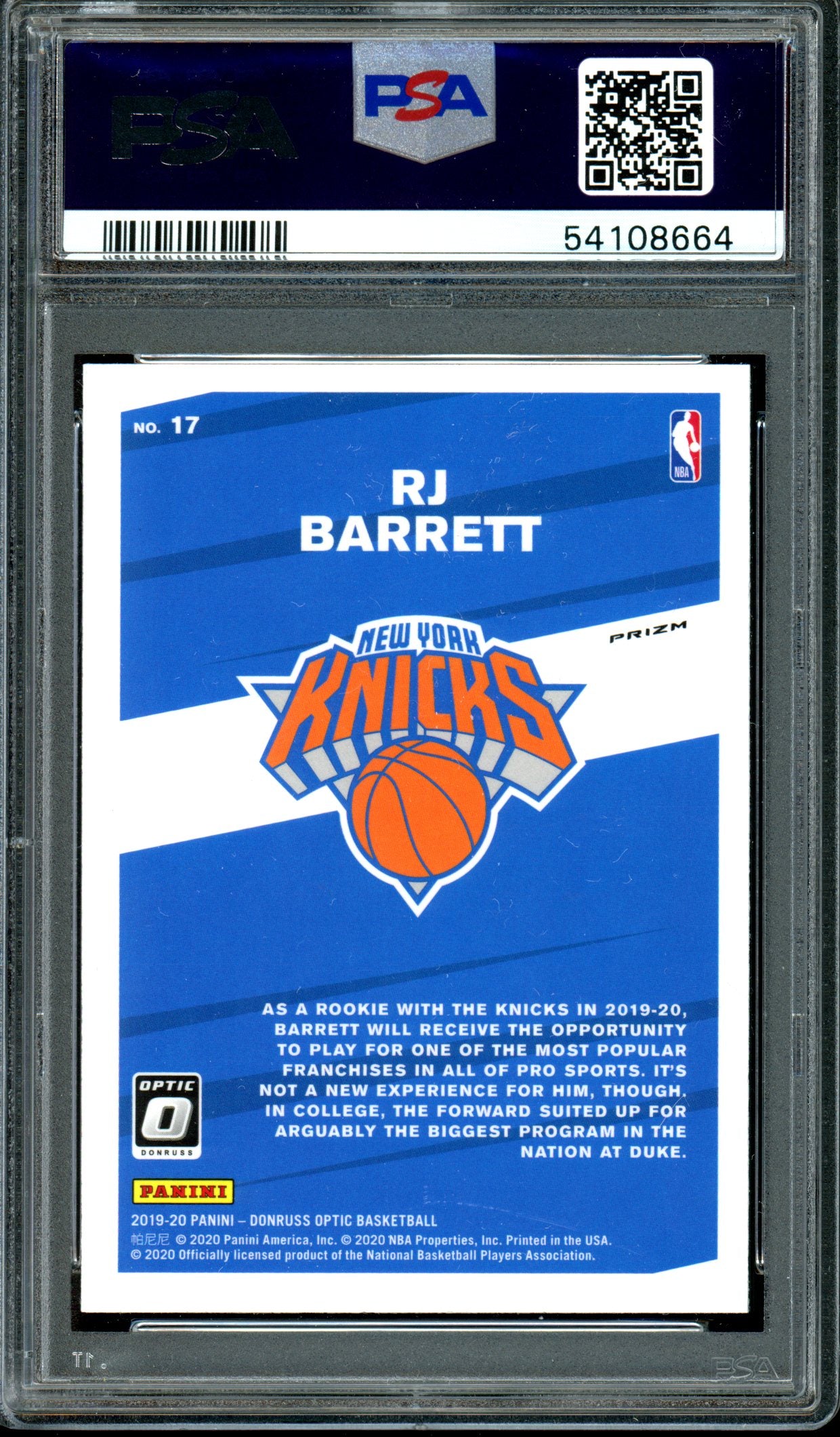 Rj Barrett 2019 Panini Donruss Optic My House! #17 My House!-Holo PSA 10