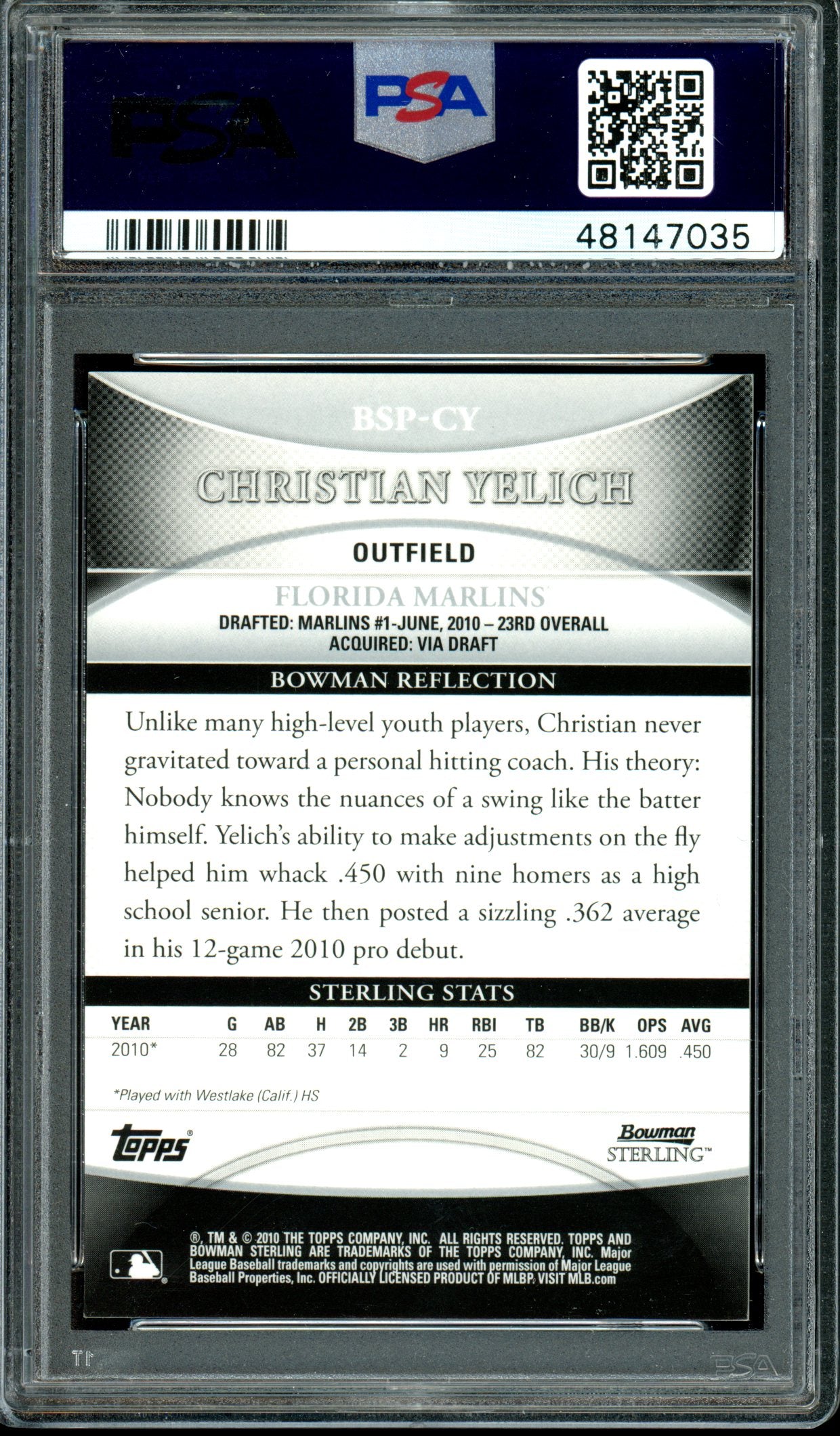 Christian Yelich 2010 Bowman Sterling #BSP-CY Prospect Autographs PSA 9