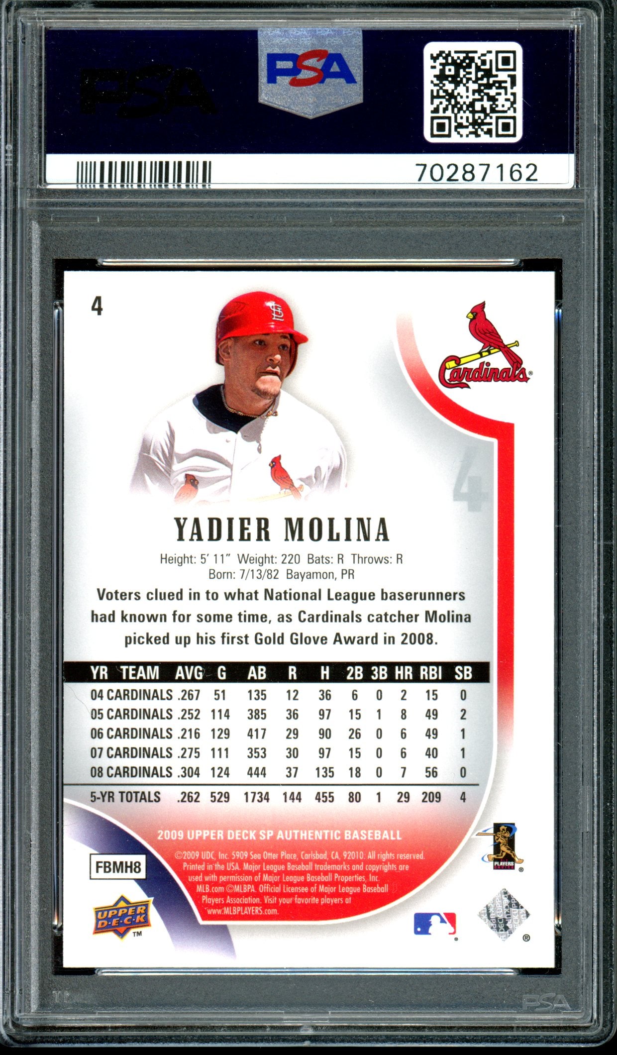 Yadier Molina 2009 SP Authentic #4 Gold PSA 10 #/299