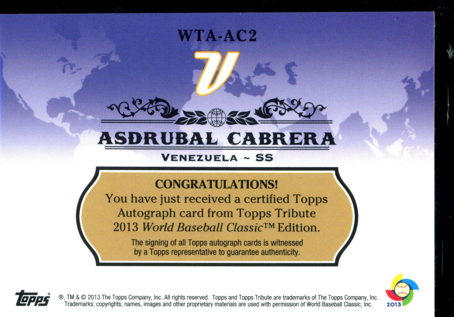 Asdrubal Cabrera 2013 Topps Tribute WBC #WTA-AC2 Autographs Blue #/50