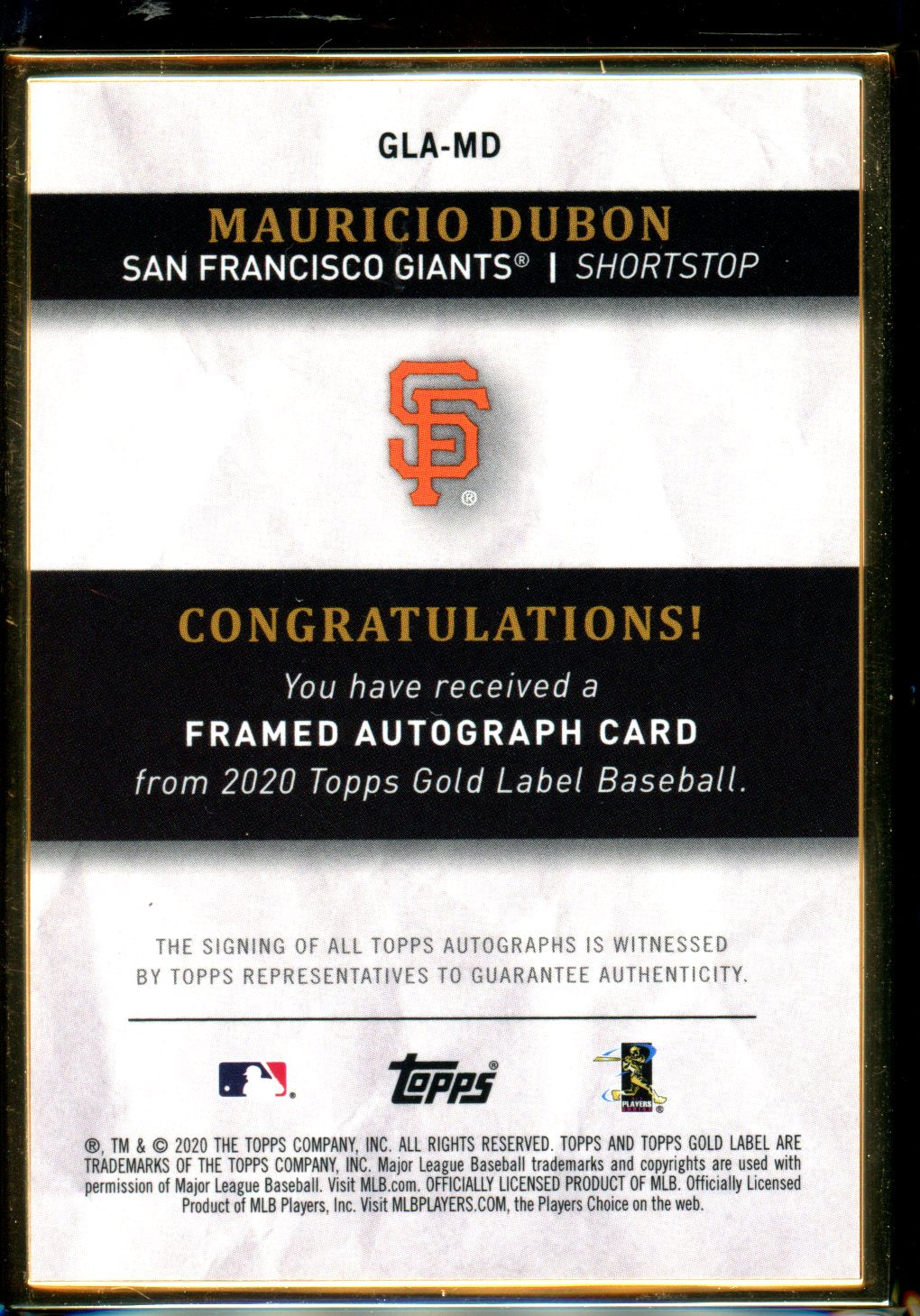 Mauricio Dubon 2020 Topps Gold Label #GLA-MD Framed Autographs #/75