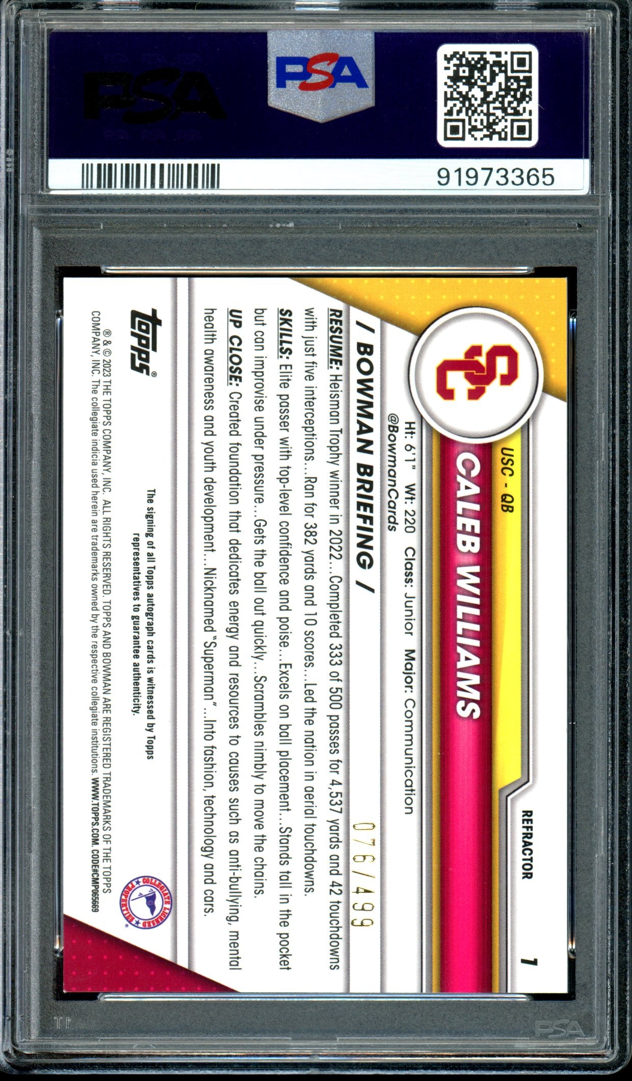 Caleb Williams 2023 Bowman U Chrome Auto-Refractor #1 /499 PSA 9