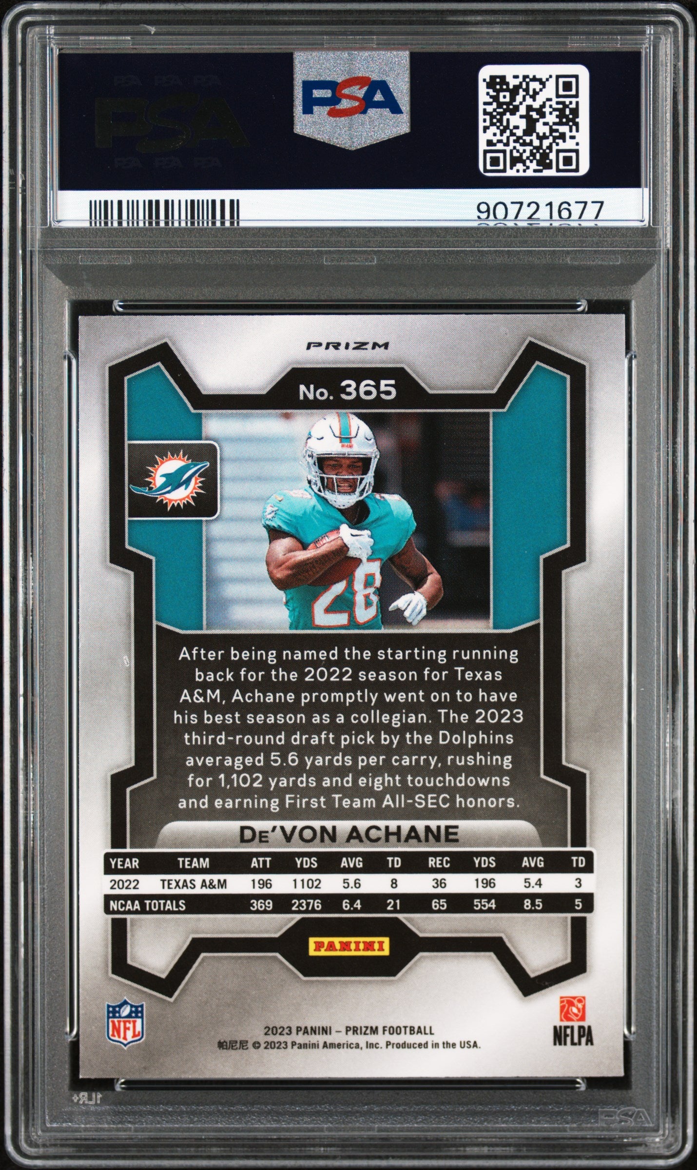 De'Von Achane 2023 Panini Prizm #365 Disco Prizm PSA 10