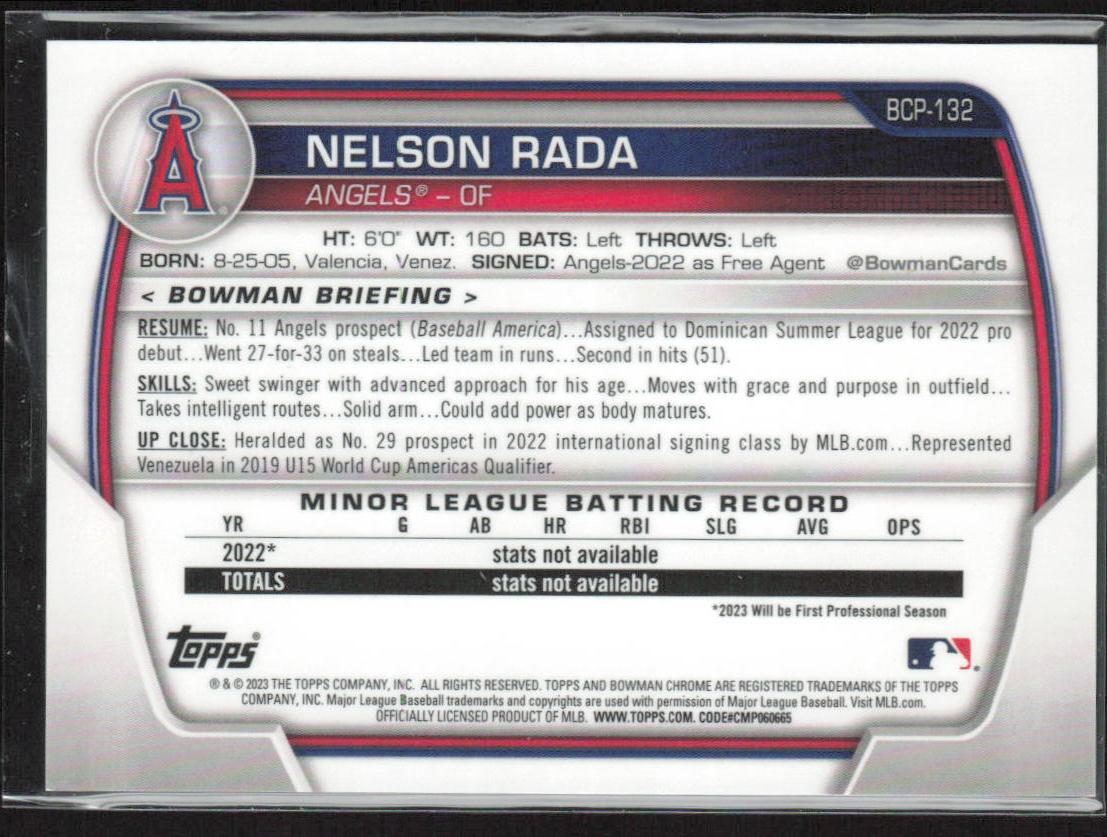 Nelson Rada 2023 Bowman #BCP-132 Chrome Prospects Blue Refractor #/150