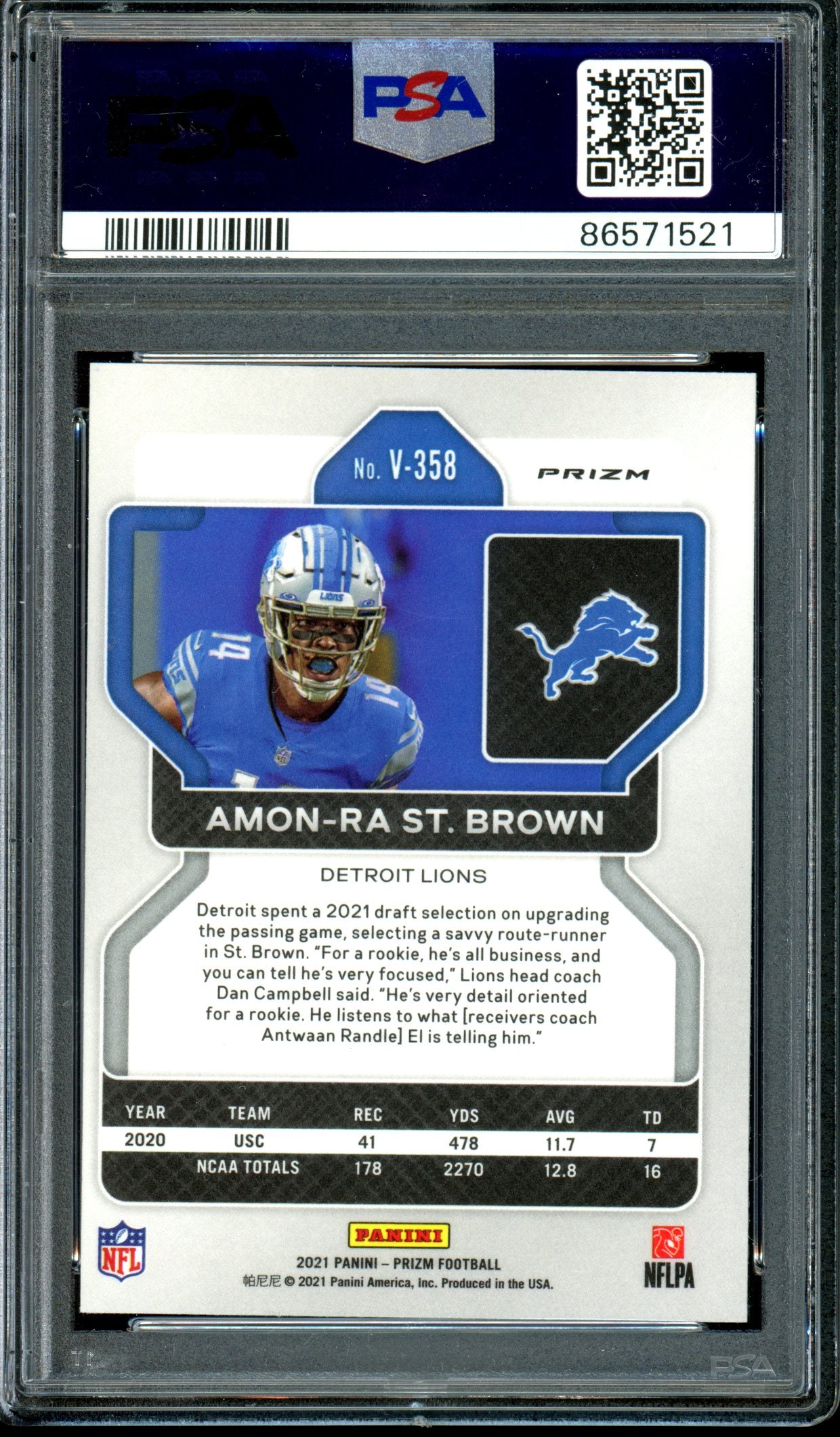 Amon-Ra St. Brown 2021 Panini Prizm #V-358 RC Prizm Silver PSA 10 (POP 10)