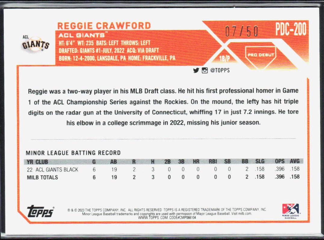 Reggie Crawford 2023 Topps Pro Debut #PDC-200 Gold Mini-Diamond Refractor /50