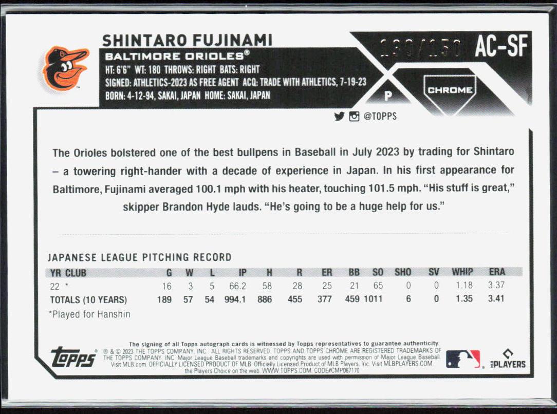 Shintaro Fujinami 2023 Topps Chrome Update #AC-SF Autographs Blue RayWave #/150