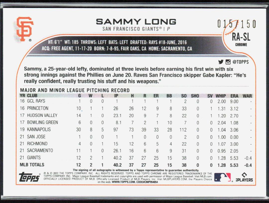 Sammy Long 2022 Topps Chrome #RA-SL Rookie Autographs Blue Refractor /150