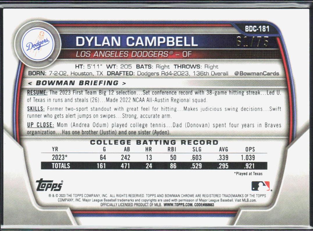 Dylan Campbell 2023 Bowman Draft Sapphire Edition #BDC-181 Yellow #/75