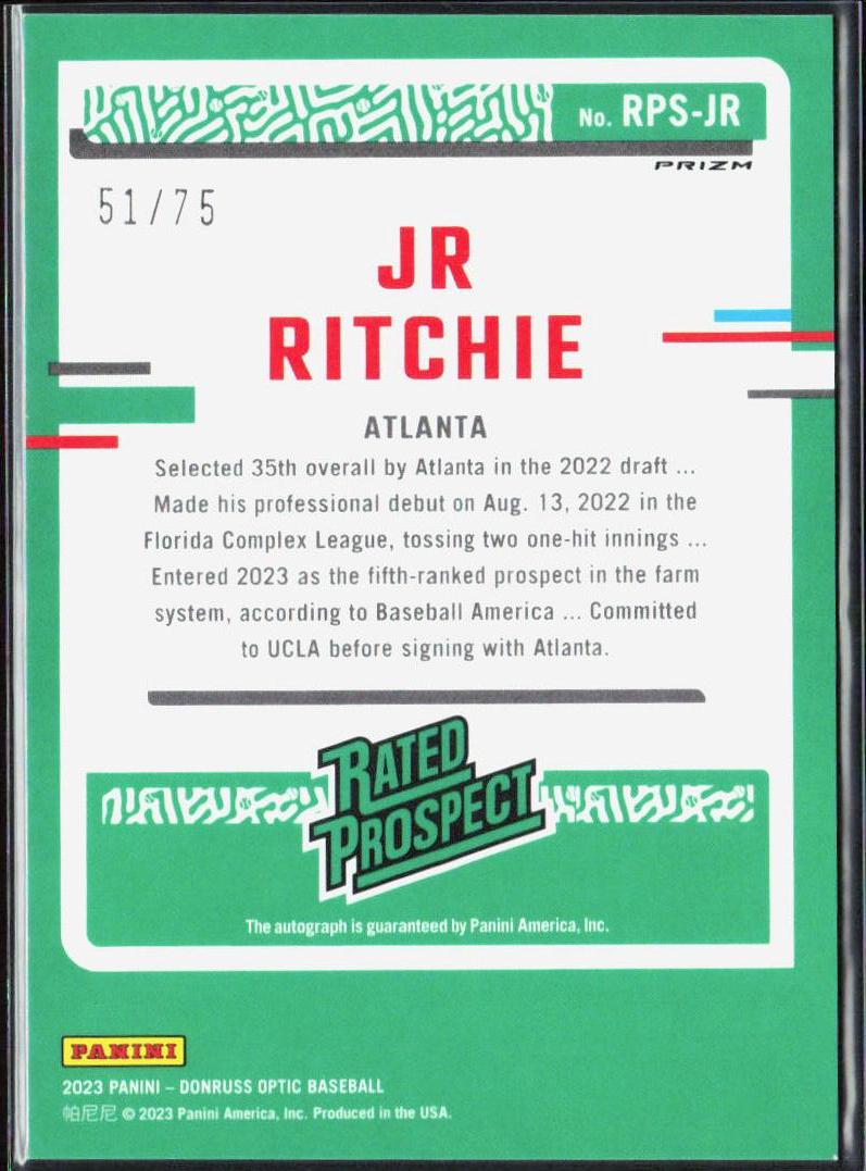 JR Ritchie 2023 Donruss #RPS-JR Optic Rated Prospects Signatures Blue #/75