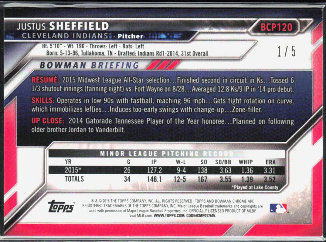 Justus Sheffield 2016 Bowman #BP120 Prospects Red #/5