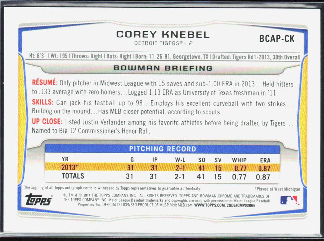 Corey Knebel 2014 Bowman Chrome #BCAP-CK Prospect Autographs