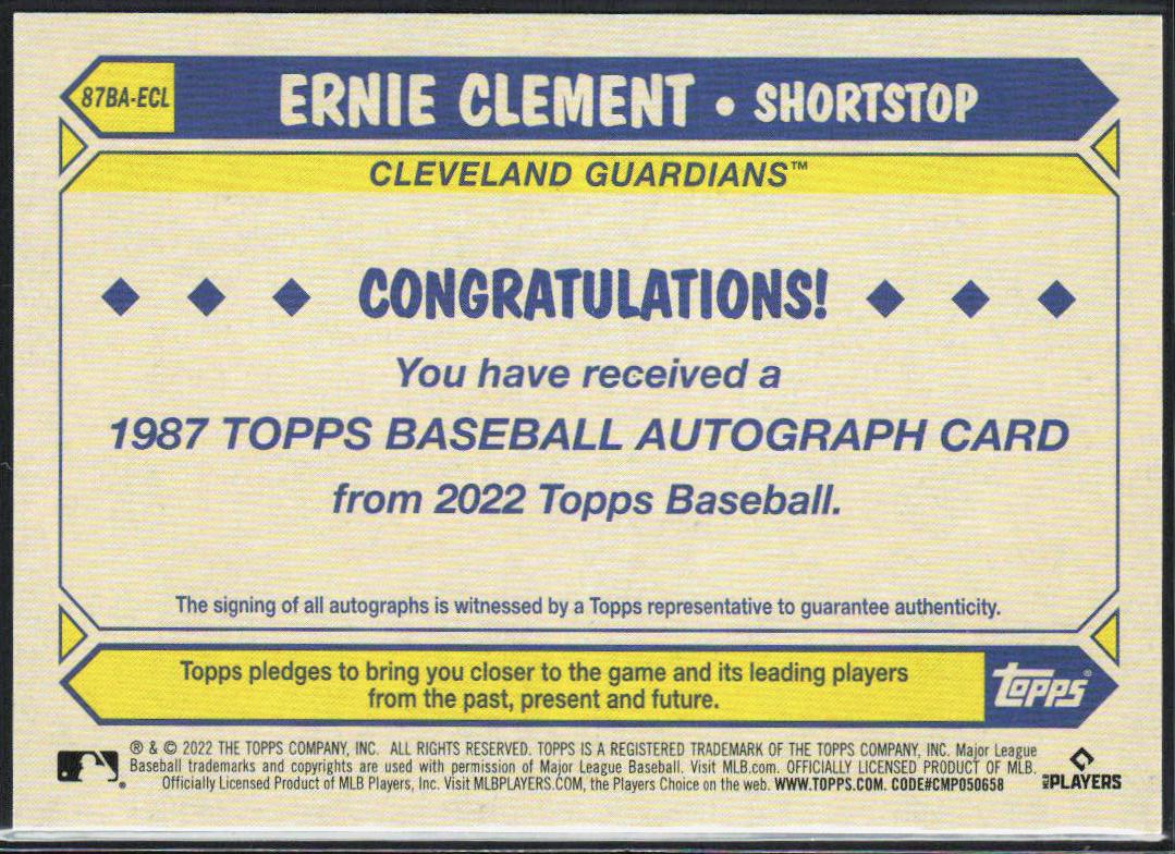 Ernie Clement 2022 Topps #87BA-ECL 1987 35th Anniversary Auto