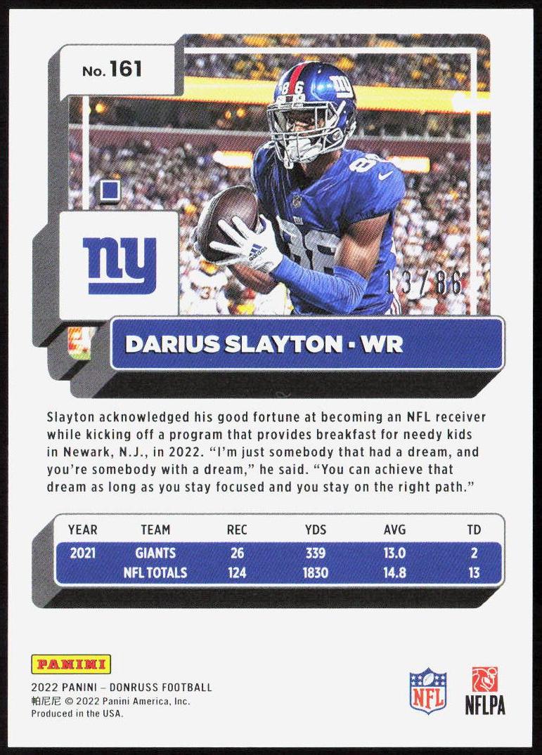 Darius Slayton 2022 Donruss #161 Jersey Number #/86