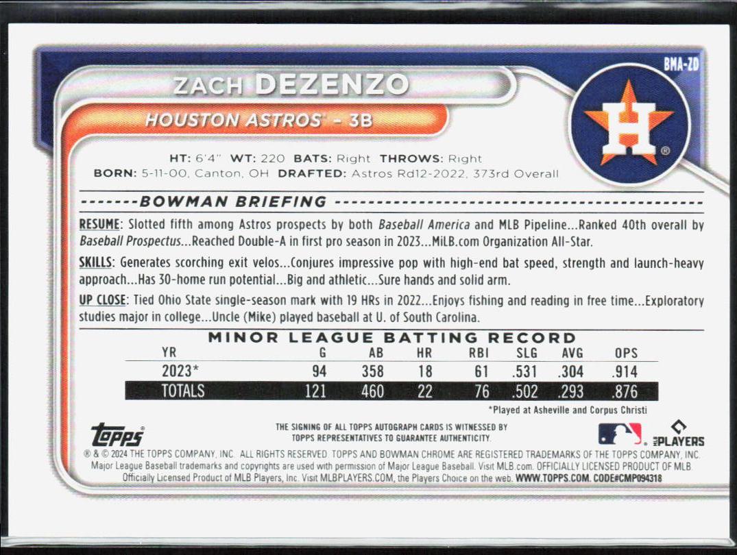 ZACH DEZENZO 2024 BOWMAN CHROME MEGA AUTO #BMA-ZD MOJO REFRACTOR MINT ASTROS