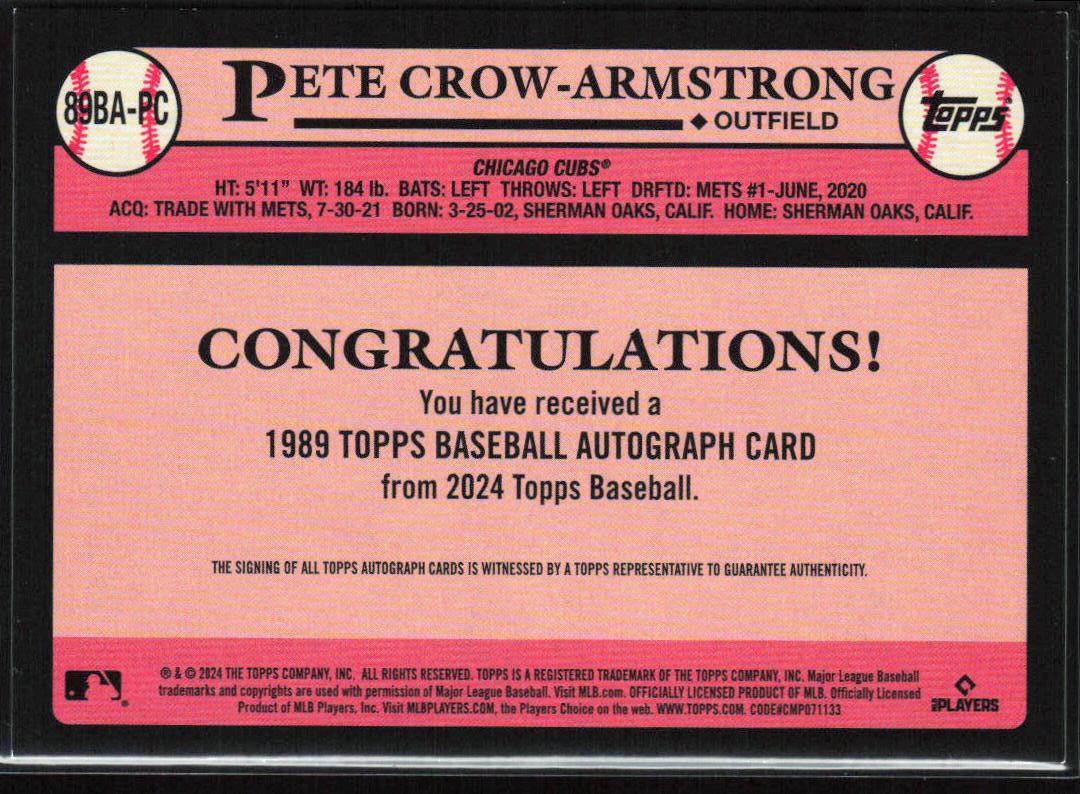 Pete Crow-Armstrong 2024 Topps #89BA-PC 1989 35th Anniversary Auto