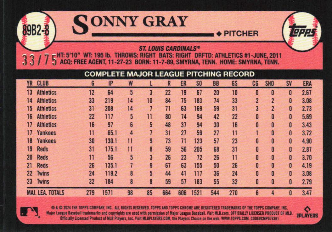 Sonny Gray 2024 Topps #89B2-8 1989 Topps Baseball 35th Anniversary Purple /75