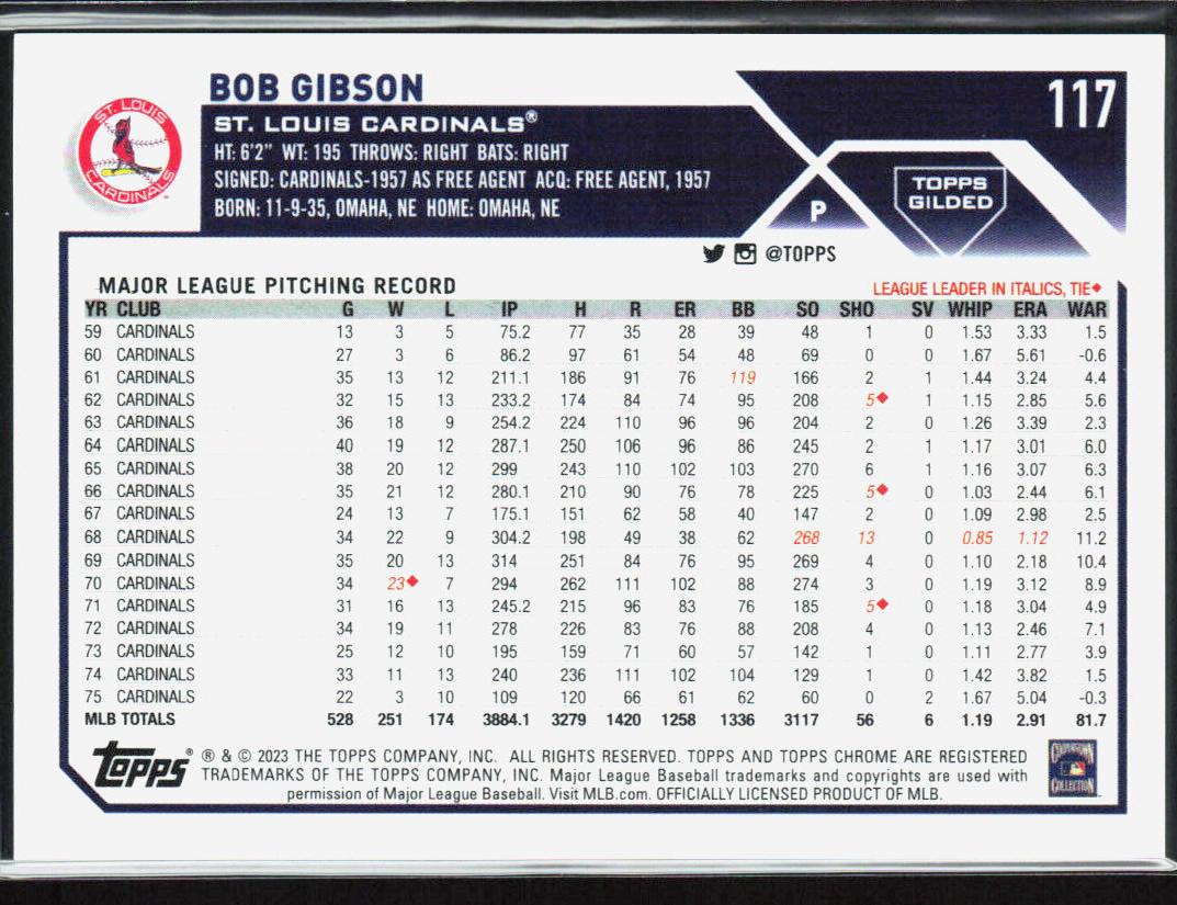 Bob Gibson 2023 Topps Gilded Collection #117 #/99