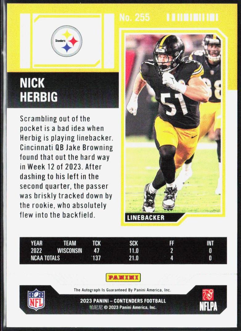 Nick Herbig 2023 Panini Contenders Rookie Ticket #255 Auto