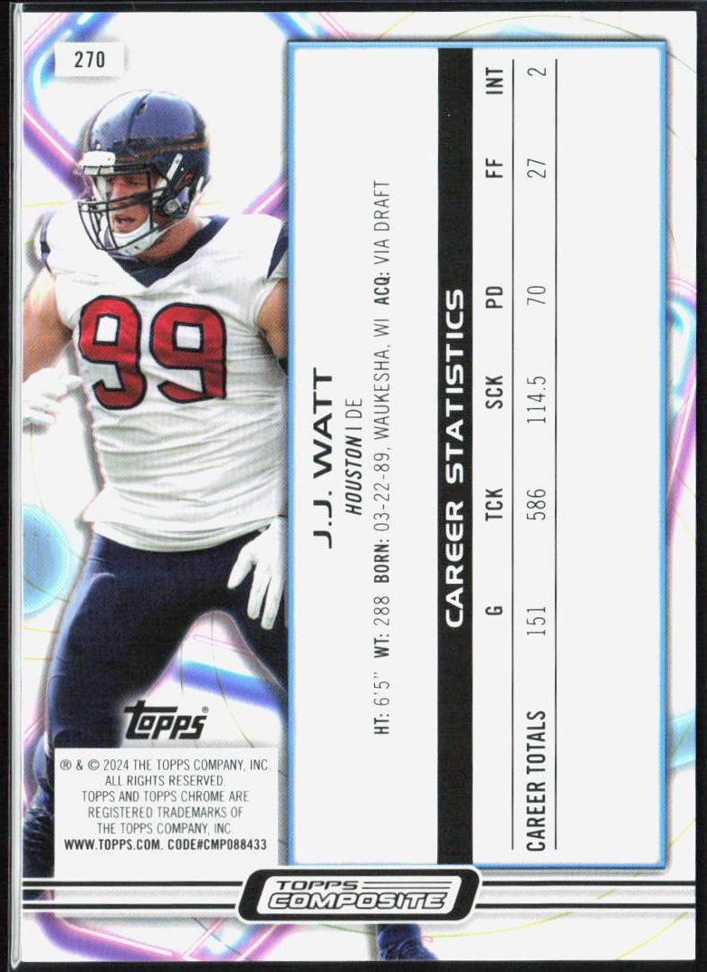 J.J. Watt 2023 Topps Composite #270 Cosmic Chrome Orange Galactic #/25