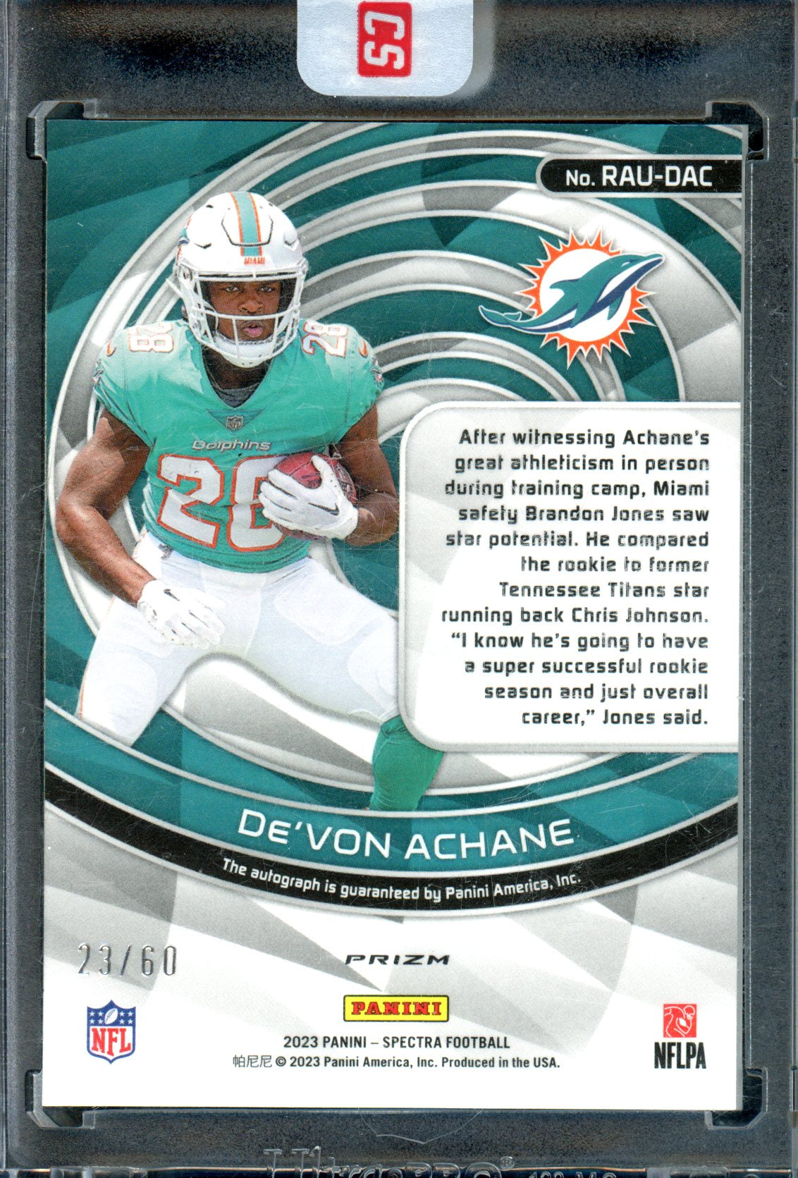 De'Von Achane 2023 Panini Spectra #RAU-DAC Rookie Autographs Hyper #/60