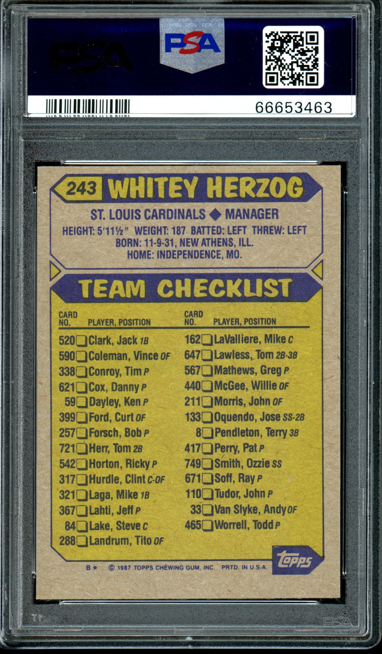 Whitey Herzog 1987 Topps #243 PSA 9