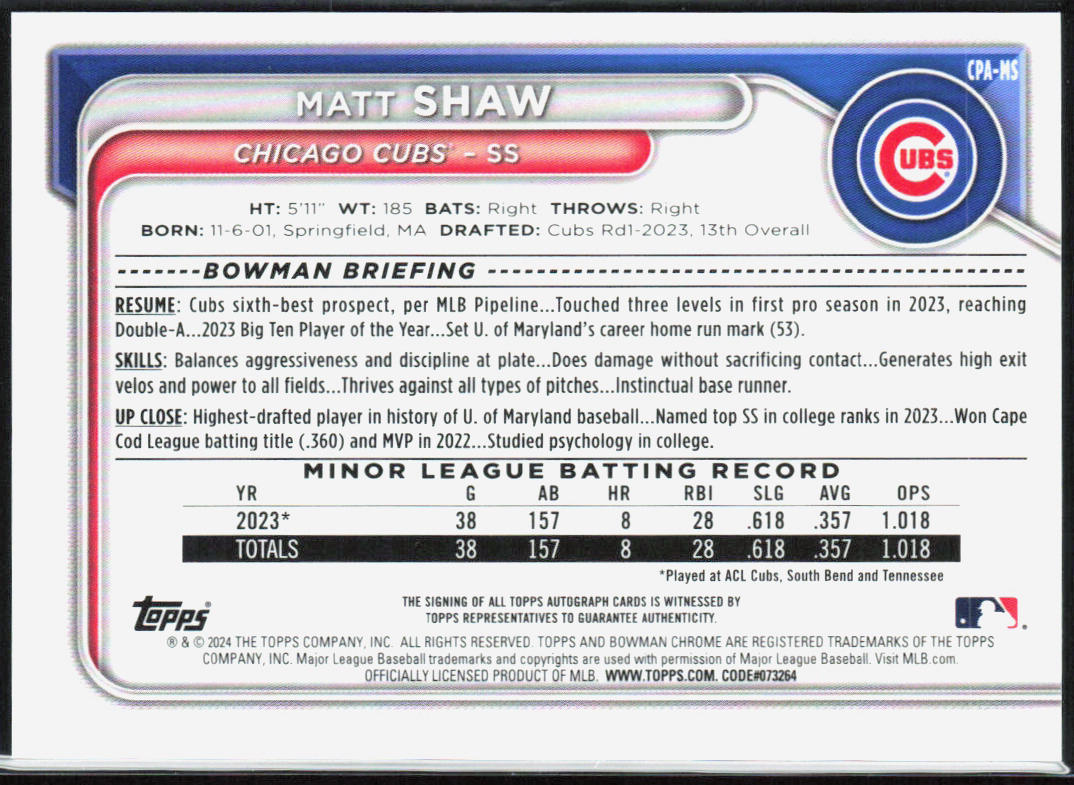 Matt Shaw 2024 Bowman #CPA-MS Chrome Prospect Autographs Green Refractor /99