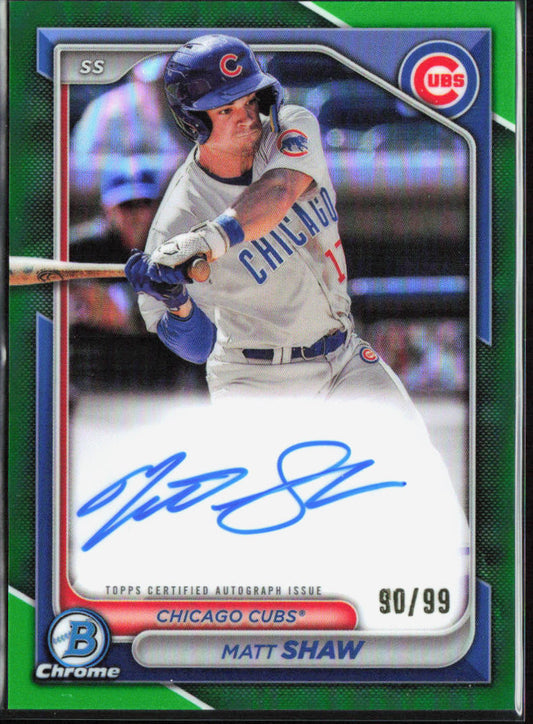 Matt Shaw 2024 Bowman #CPA-MS Chrome Prospect Autographs Green Refractor /99