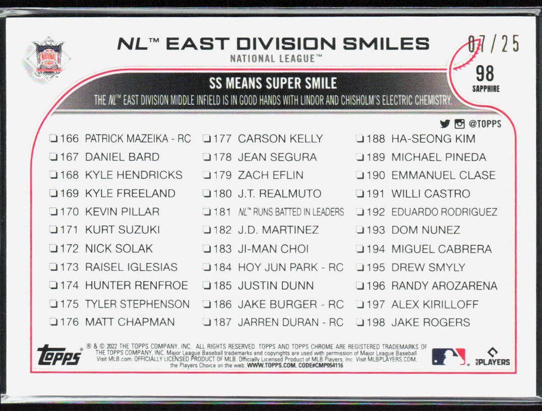 NL East Division Smiles 2022 Topps Chrome Sapphire Edition #98 Red /25