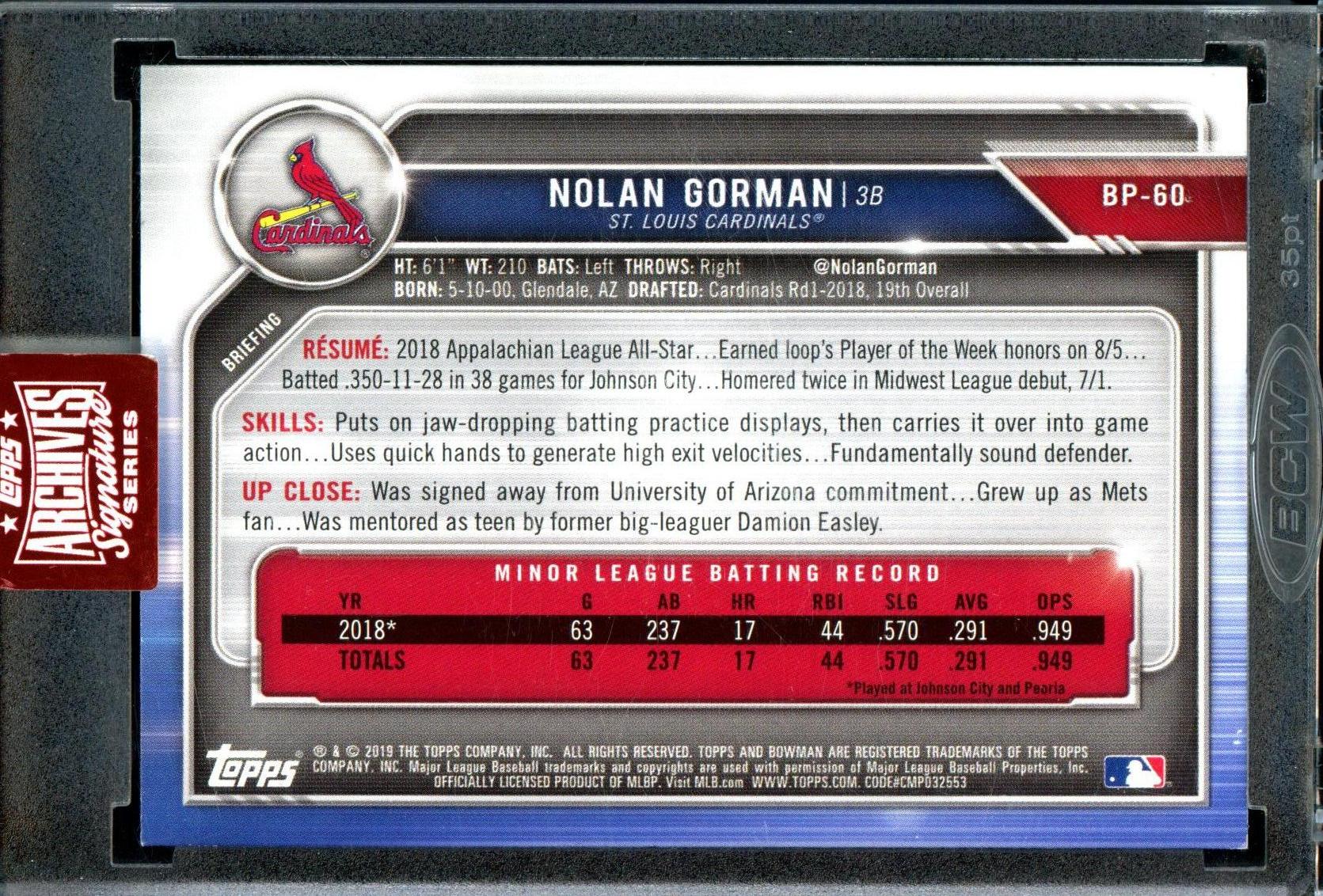 Nolan Gorman 2023 Topps Archives Signature Series /47 #19B-BP-60 Rookie Auto