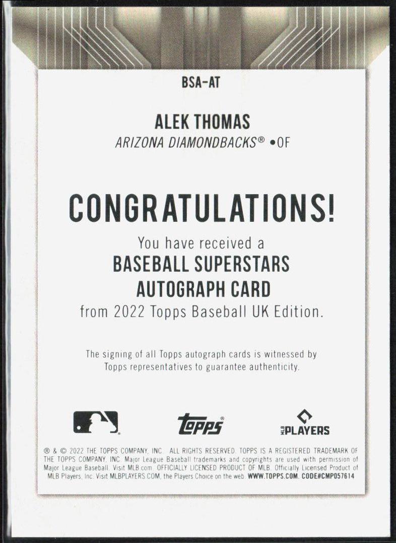 Alek Thomas 2022 Topps UK Edition #BSA-AT Auto Gold #/25